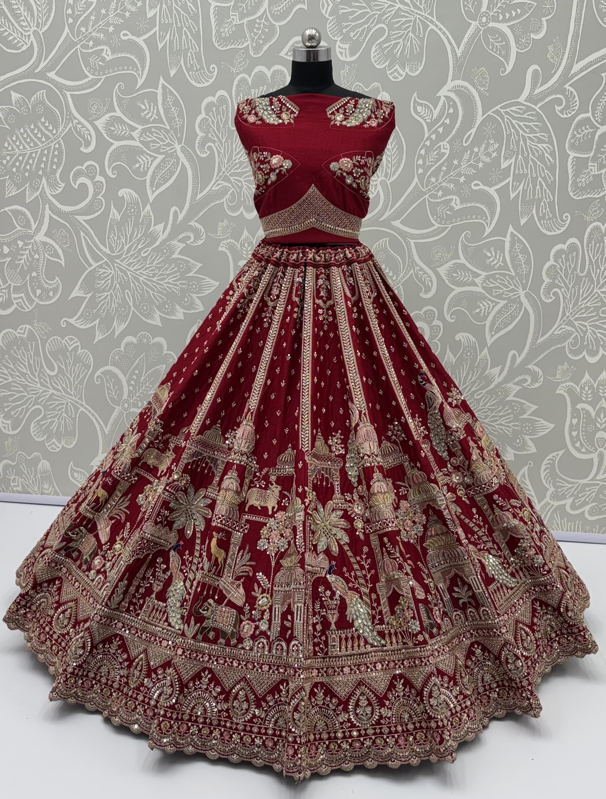 Maroon Bridal Cutdana-Work Embroidered Ethinc Motif Semi-Stitched Lehenga Choli